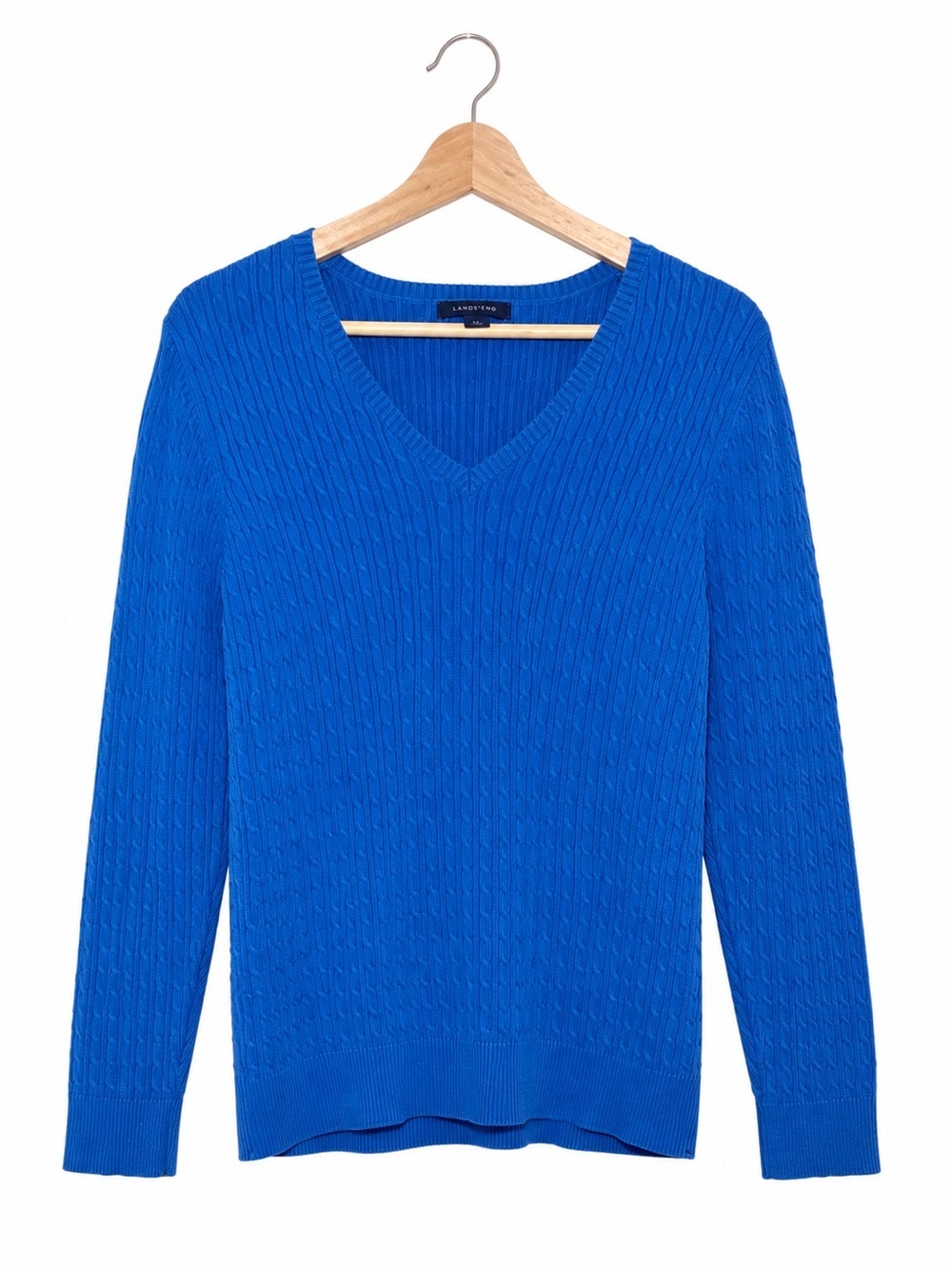 Lands' End Royal Blue Cable Knit V-Neck Sweater | Classic Preppy Pullover - Picture 2 of 10